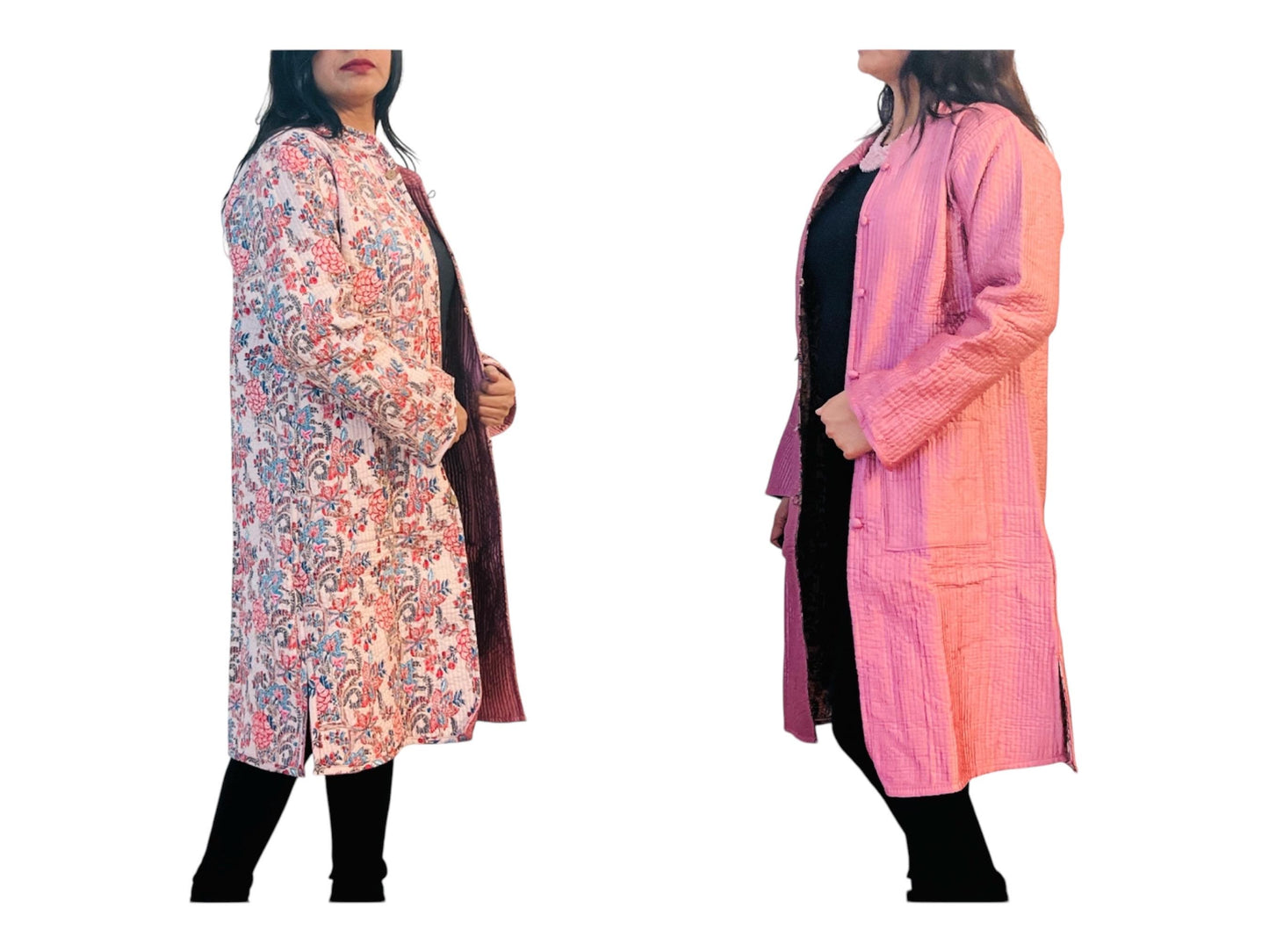 Reversible Pink Floral Cotton Jacket – Handcrafted Boho Long Coat | Romantic Valentine's Day Gift for Her