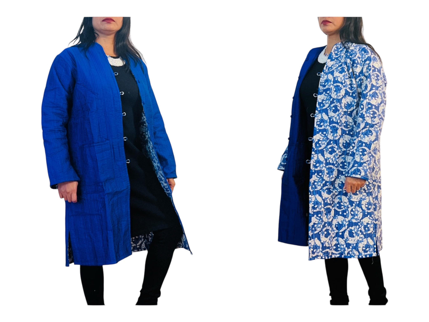 Reversible Blue Cotton Jacket – Handcrafted Boho Long Coat with Floral and Solid Patterns Valentine's Day Gift for Her