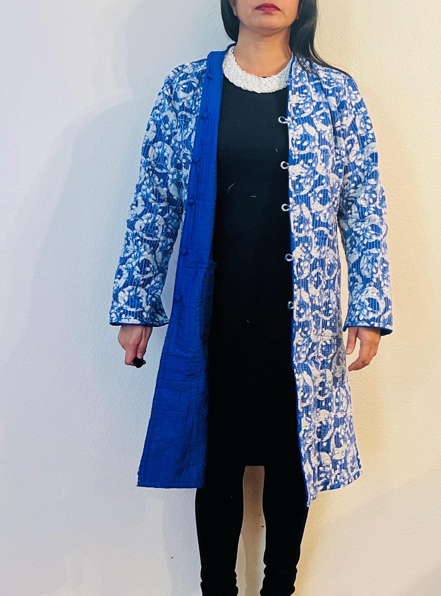 Reversible Blue Cotton Jacket – Handcrafted Boho Long Coat with Floral and Solid Patterns Valentine's Day Gift for Her