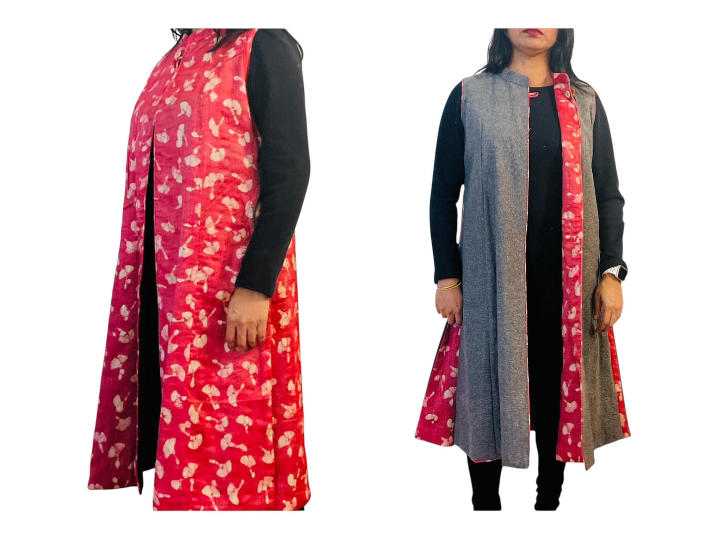 Reversible Long Jacket - Wool and Silk | Pink Floral & Gray | Unique Valentine’s Day Gift