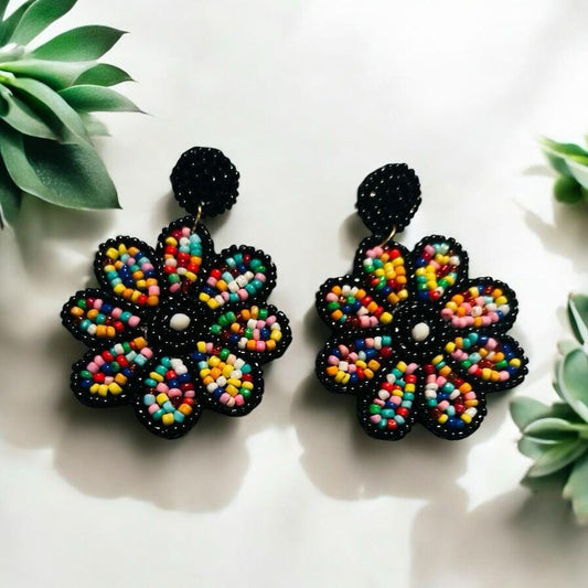 Handmade Beaded Flower Earrings – Black & Multicolor statement jewelry