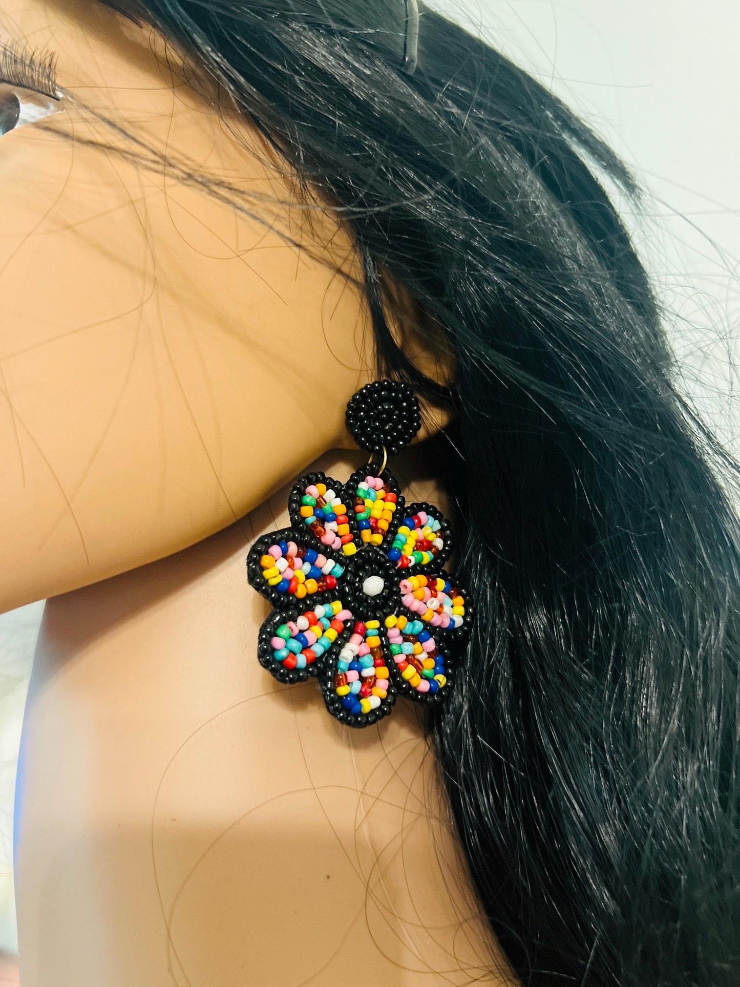 Handmade Beaded Flower Earrings β Black & Multicolor statement jewelry