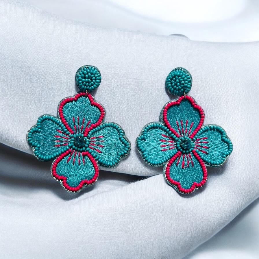 Handmade Blue Pink Floral Beaded Earrings β Boho Chic Statement Jewelry