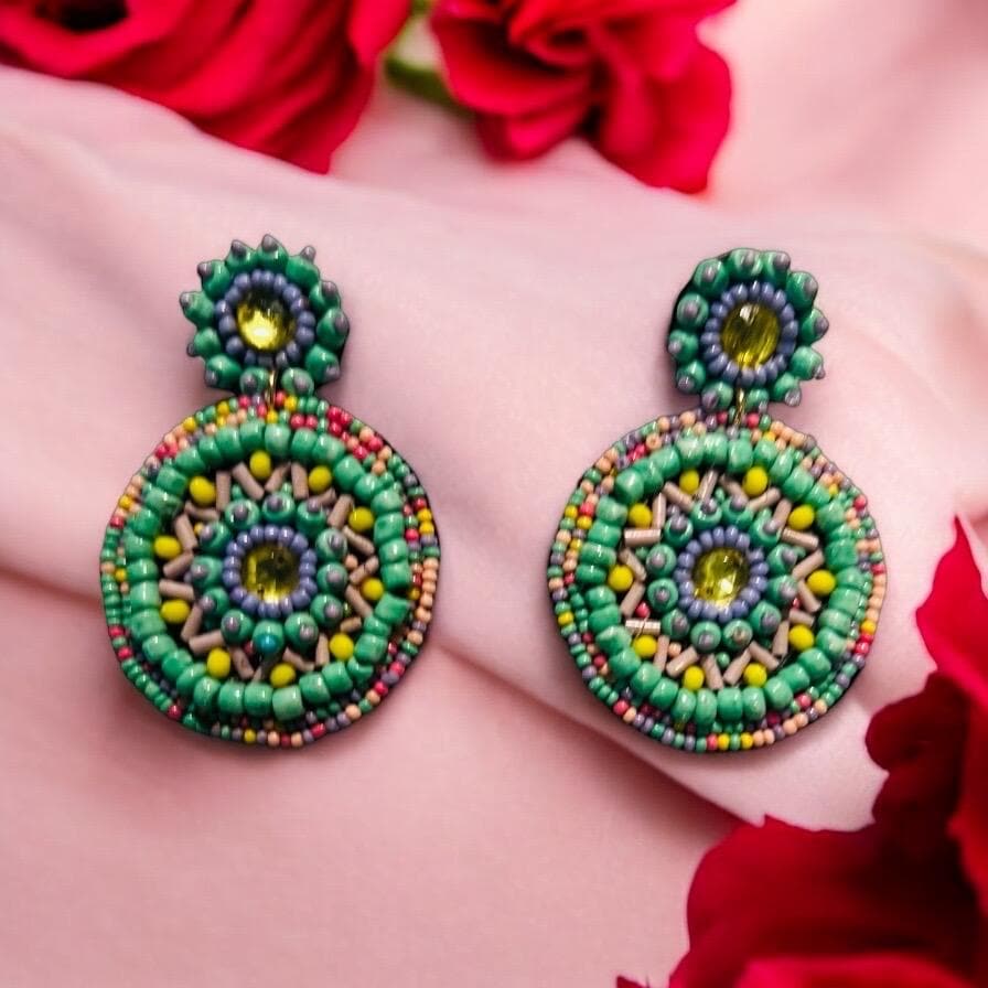 Green & Multicolor Beaded Earrings – Boho Statement Jewelry