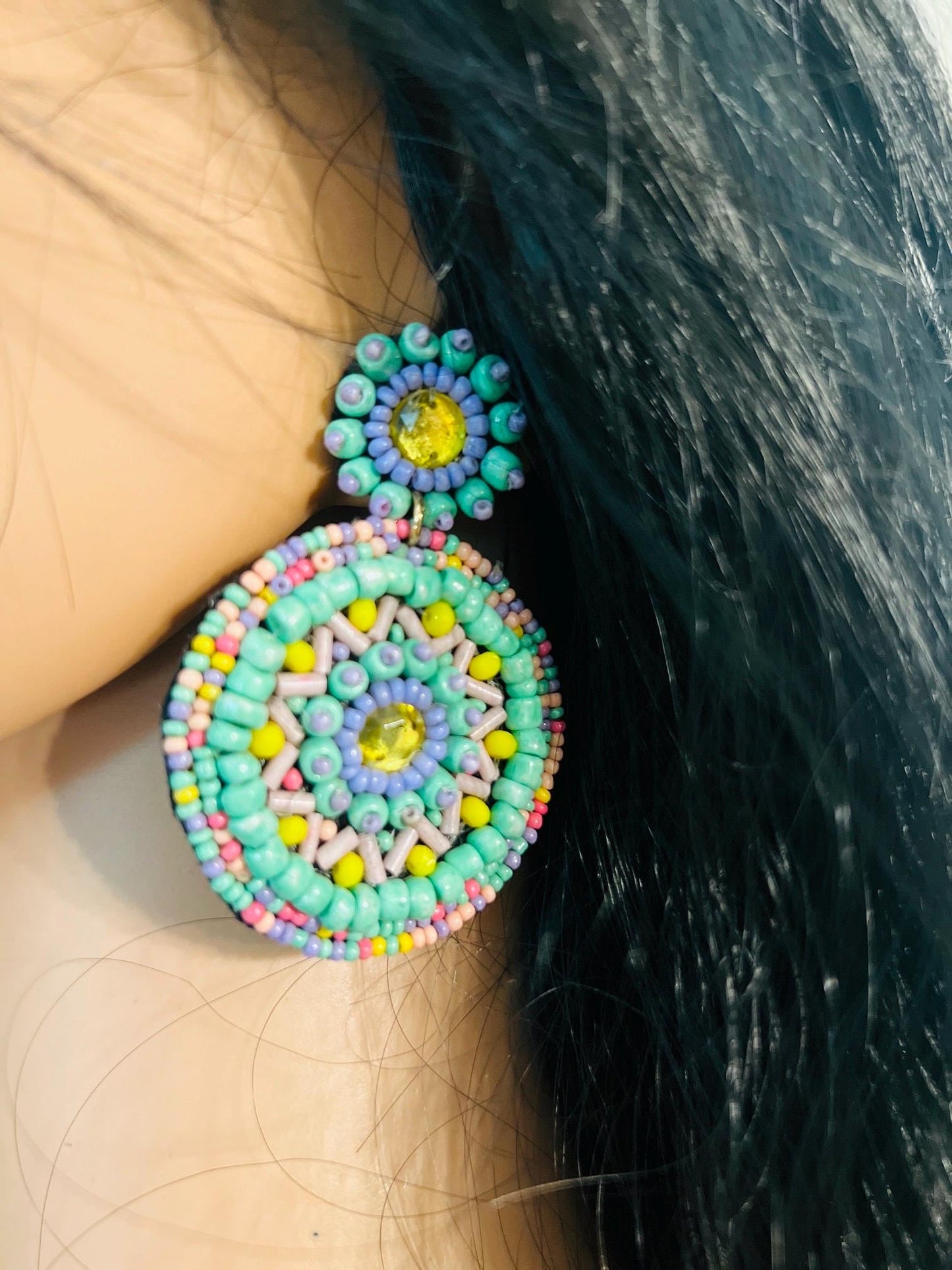 Green & Multicolor Beaded Earrings – Boho Statement Jewelry