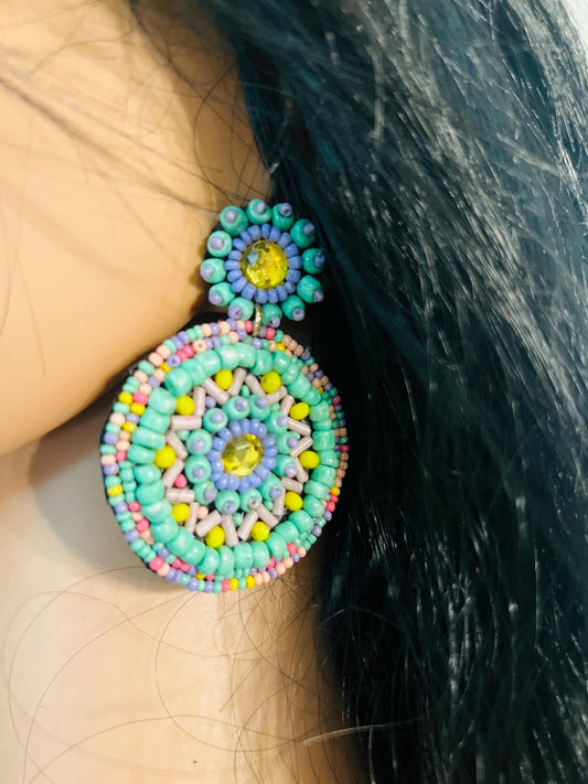 Green & Multicolor Beaded Earrings – Boho Statement Jewelry