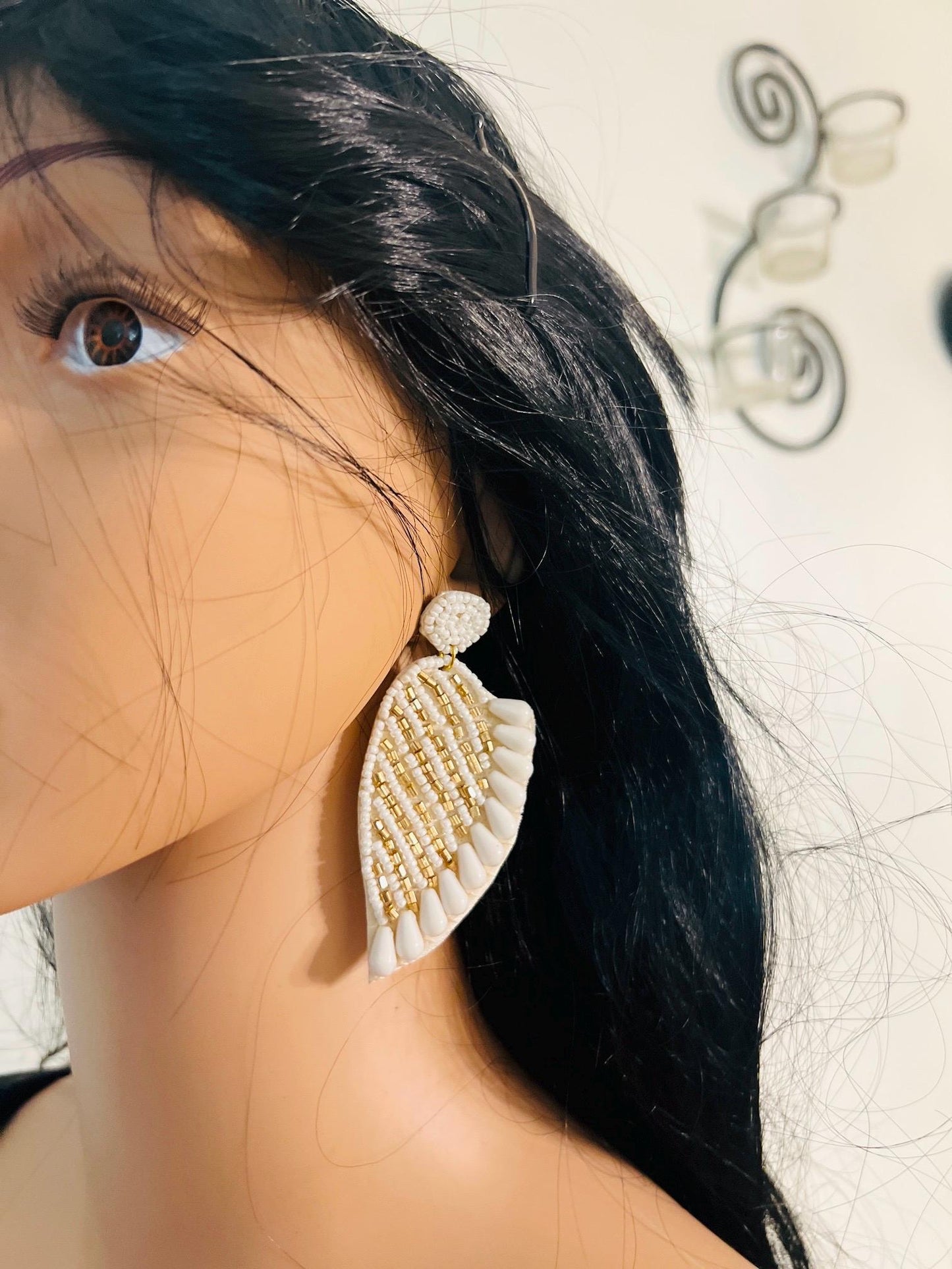 Handmade White Swan Shape Beaded Earrings