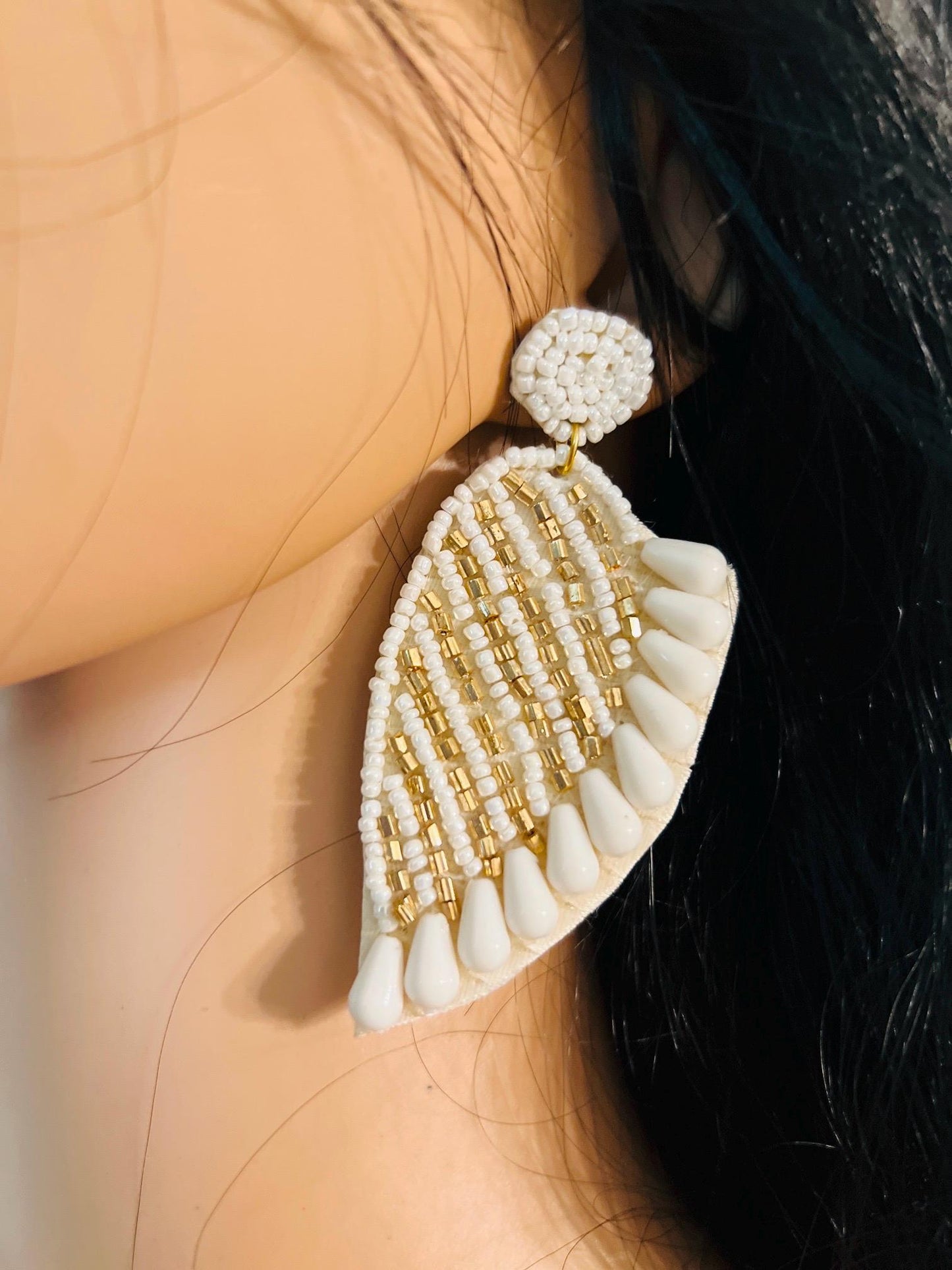 Handmade White Swan Shape Beaded Earrings