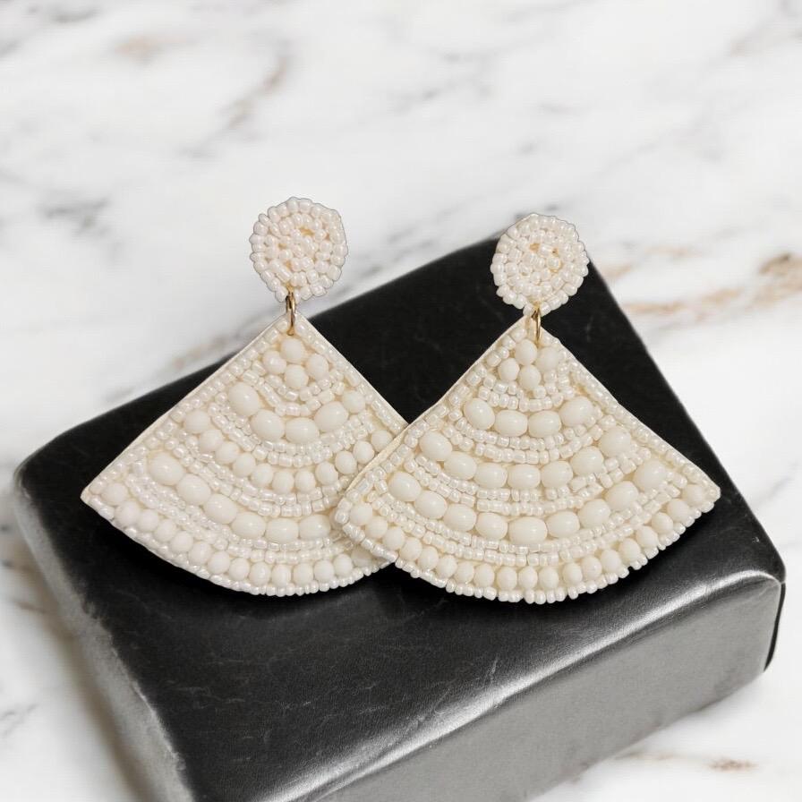 Handmade White Triangular Beaded Earrings