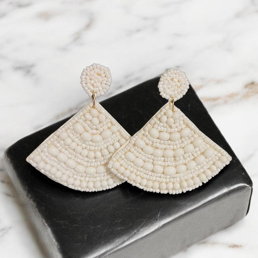 Handmade White Triangular Beaded Earrings