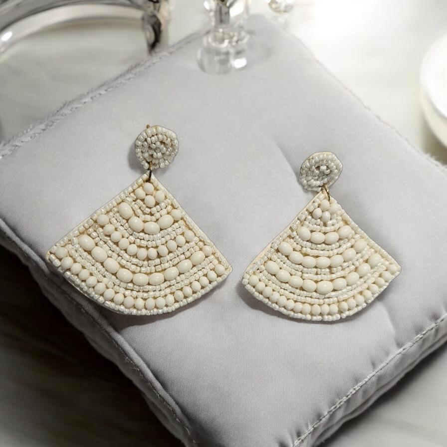 Handmade White Triangular Beaded Earrings