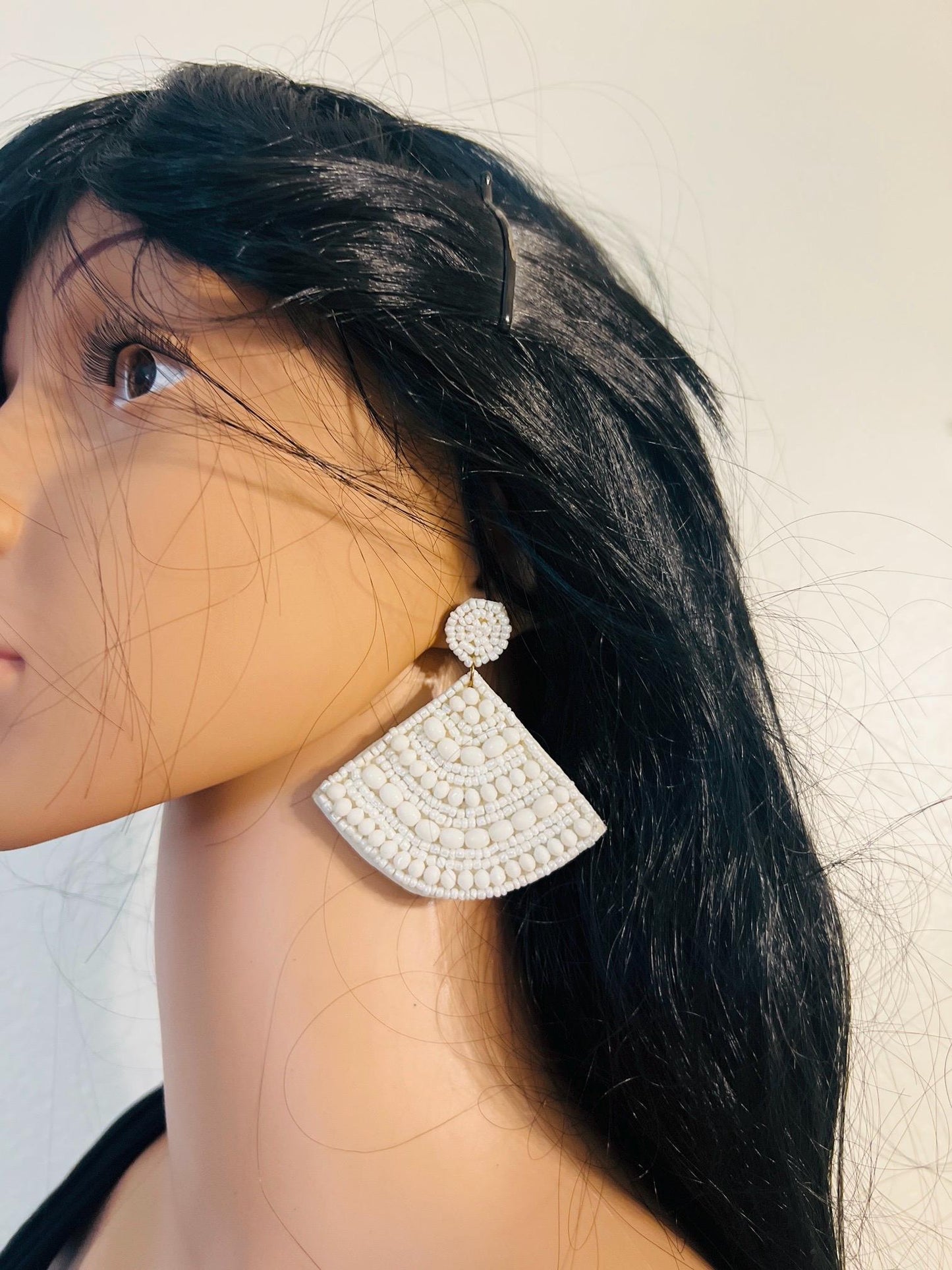 Handmade White Triangular Beaded Earrings