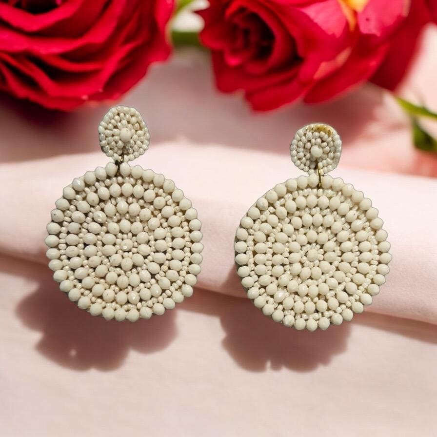 Handmade White Round Beaded Statement Earrings