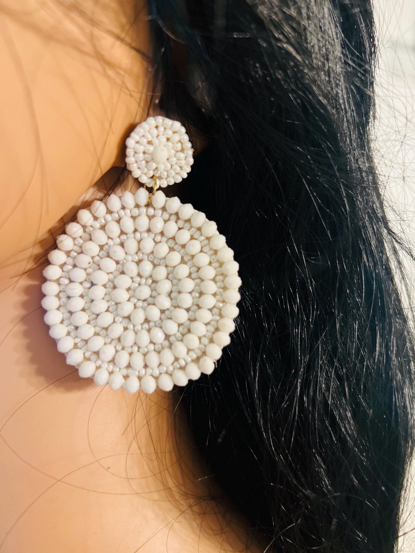 Handmade White Round Beaded Statement Earrings