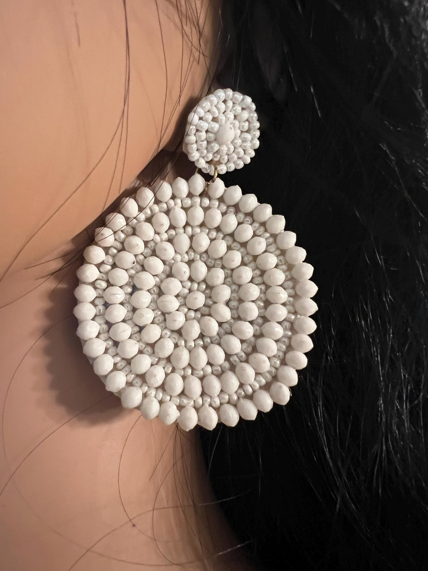 Handmade White Round Beaded Statement Earrings