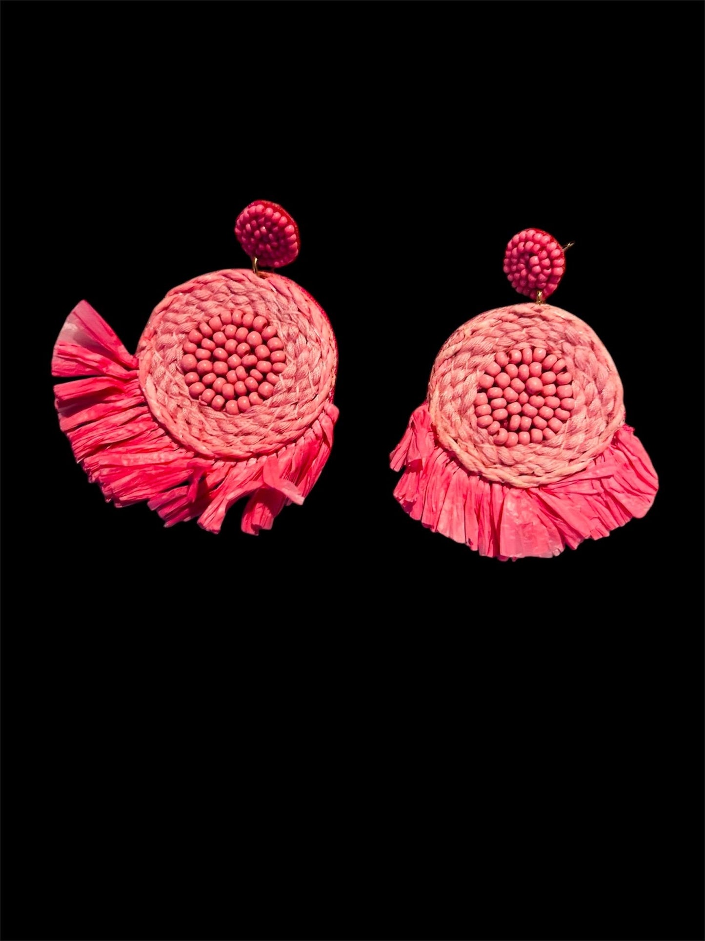 Handmade Pink Boho Raffia Earrings