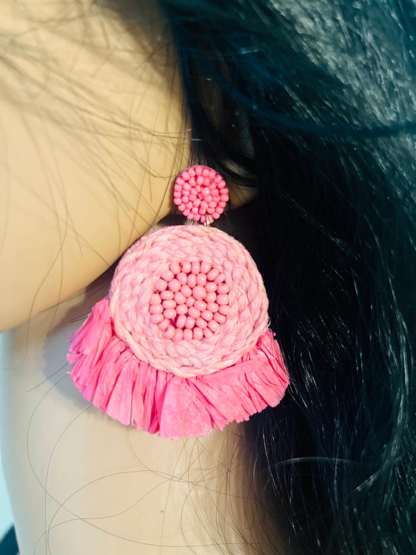 Handmade Pink Boho Raffia Earrings