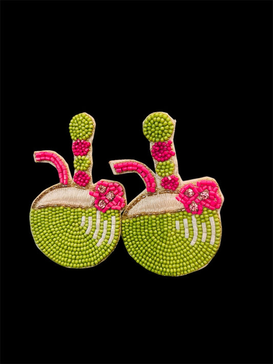 Tropical Coconut Green & Pink Beaded Earrings