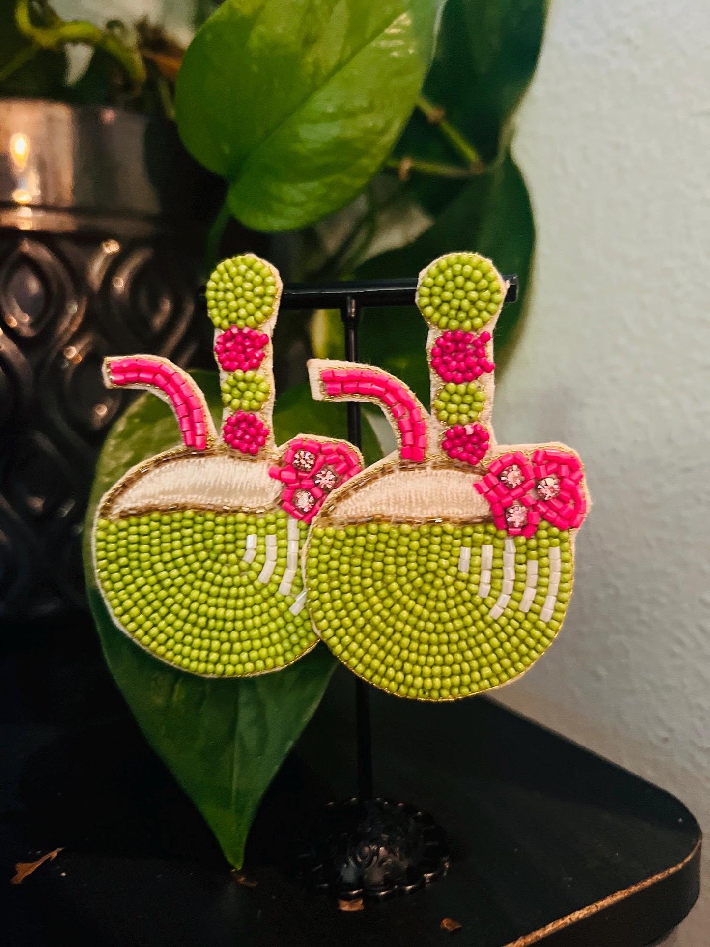 Tropical Coconut Green & Pink Beaded Earrings