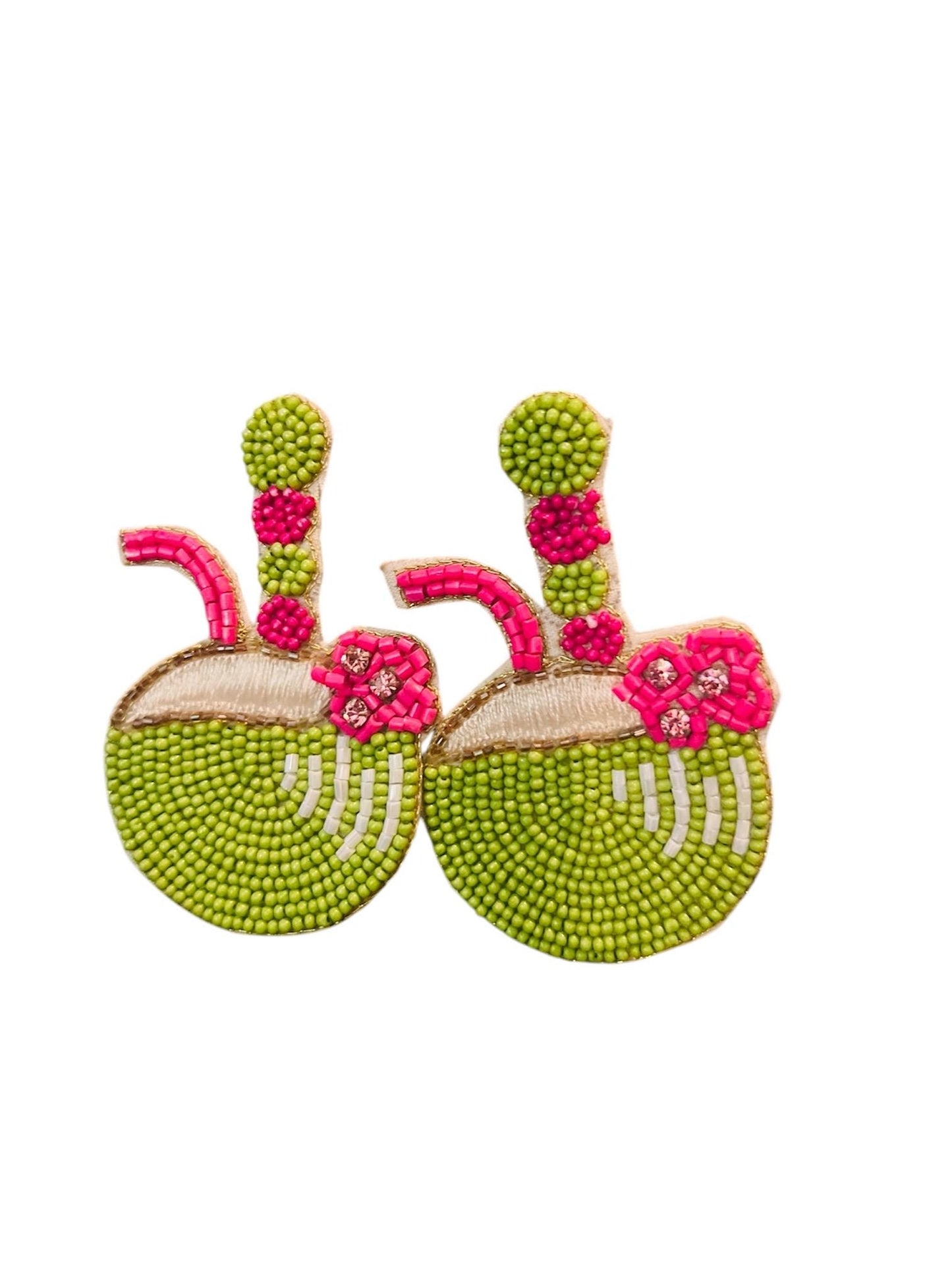 Tropical Coconut Green & Pink Beaded Earrings