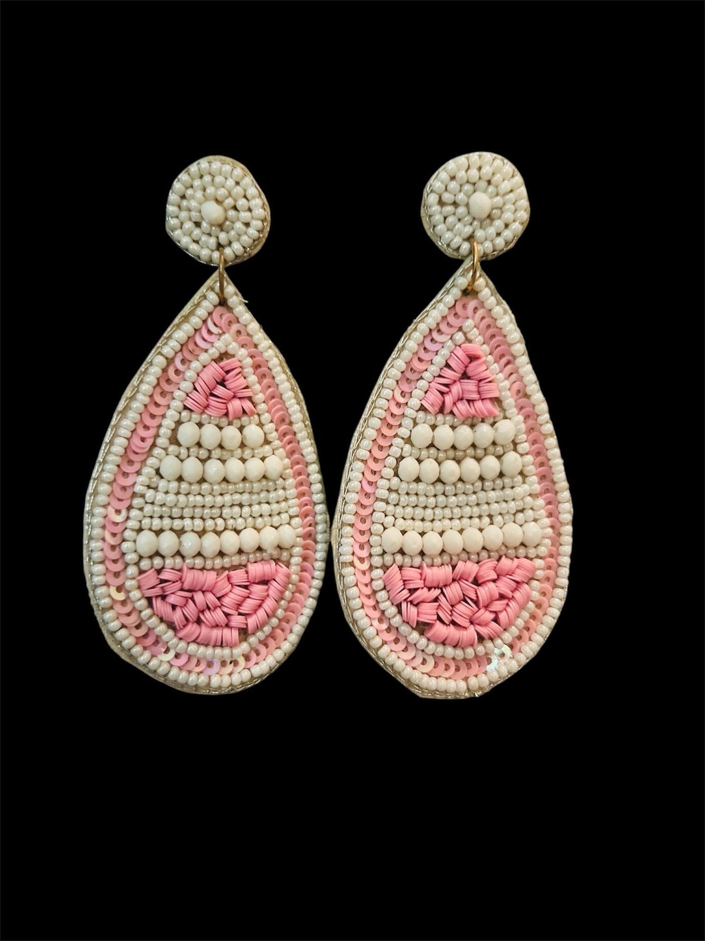 Handmade White & Pink Beaded Teardrop Earrings