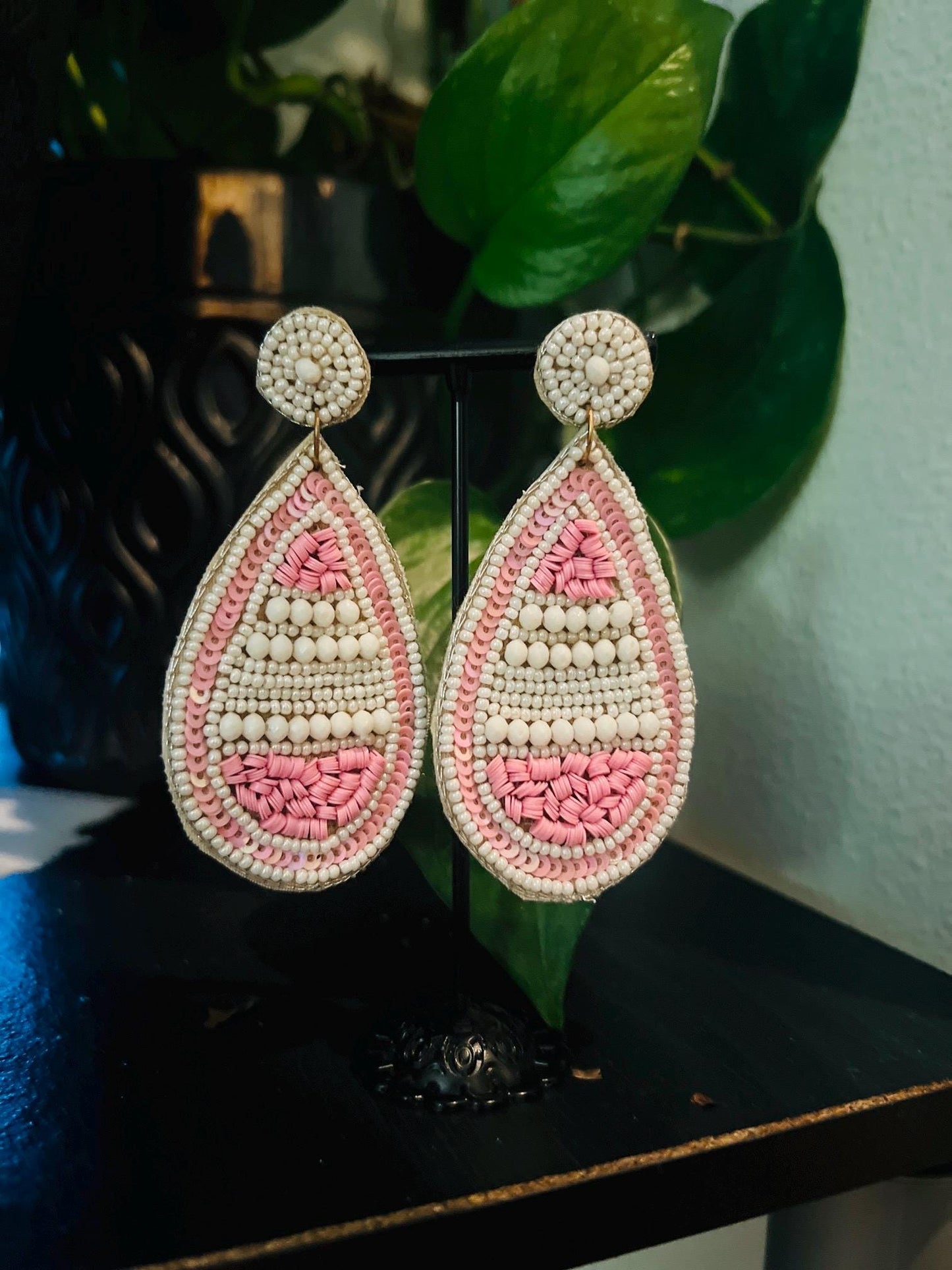 Handmade White & Pink Beaded Teardrop Earrings