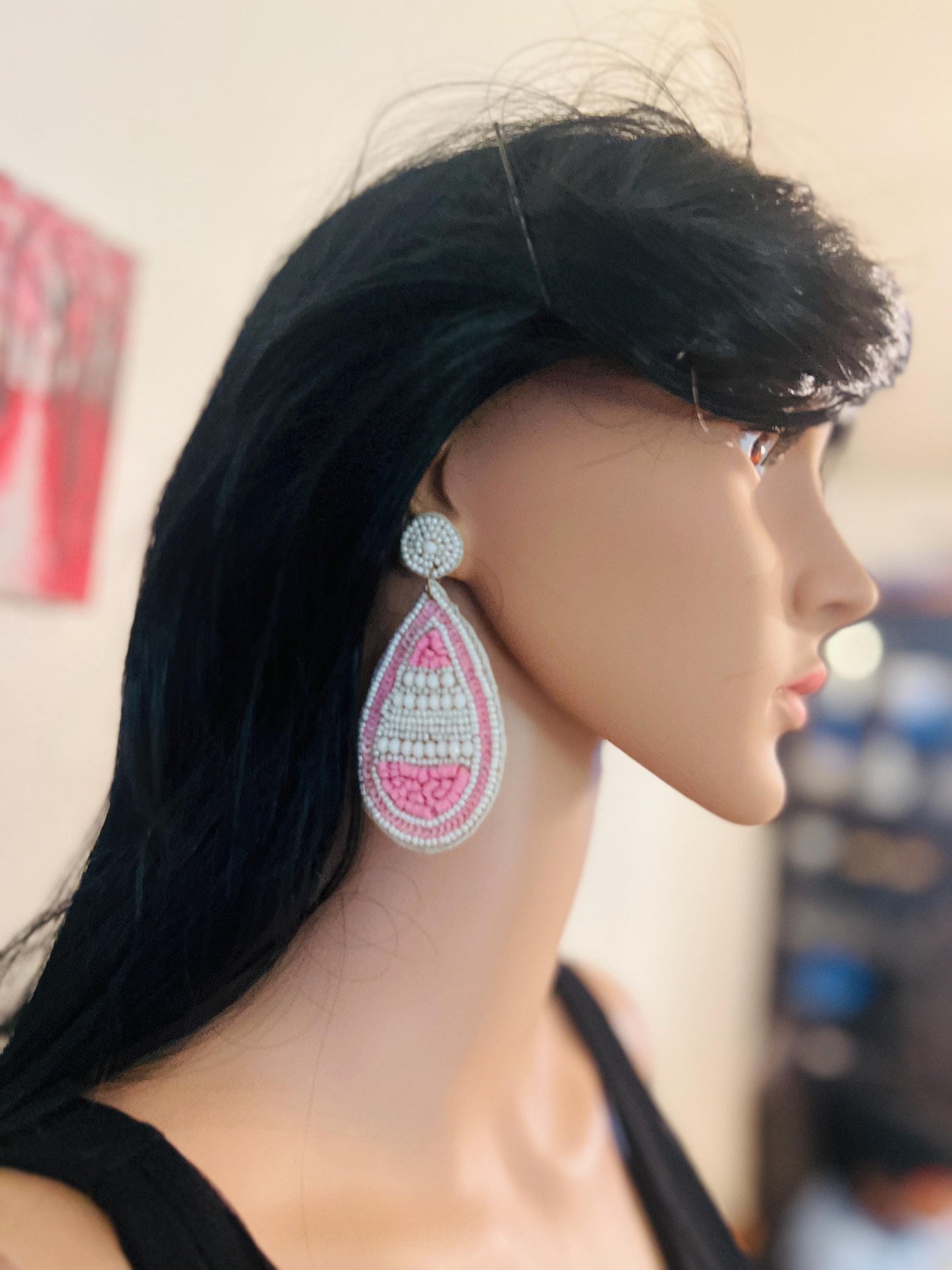Handmade White & Pink Beaded Teardrop Earrings