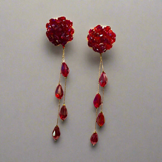Handmade Red Crystal Drop Earrings – Long Dangle Elegant Jewelry