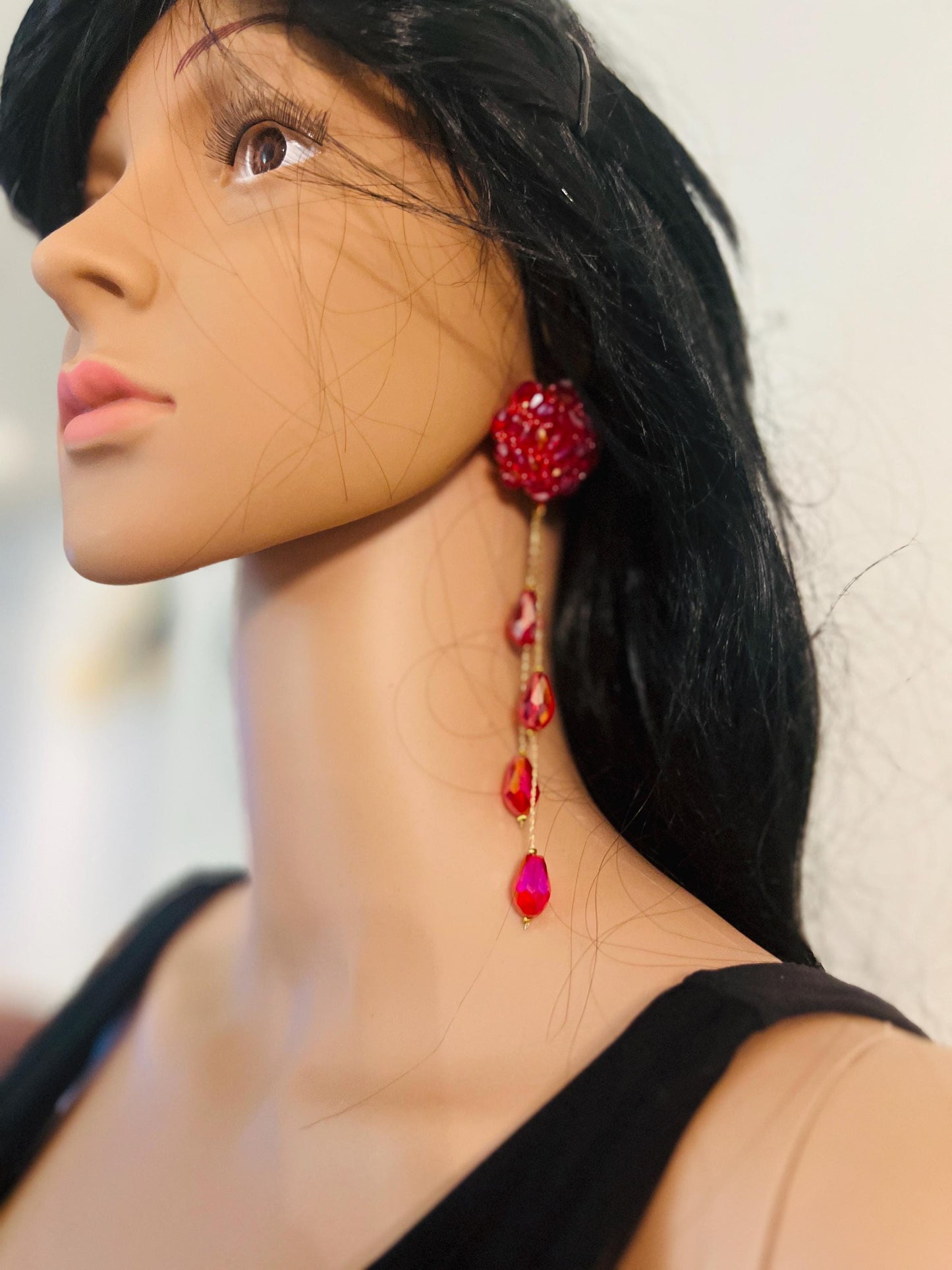 Handmade Red Crystal Drop Earrings – Long Dangle Elegant Jewelry