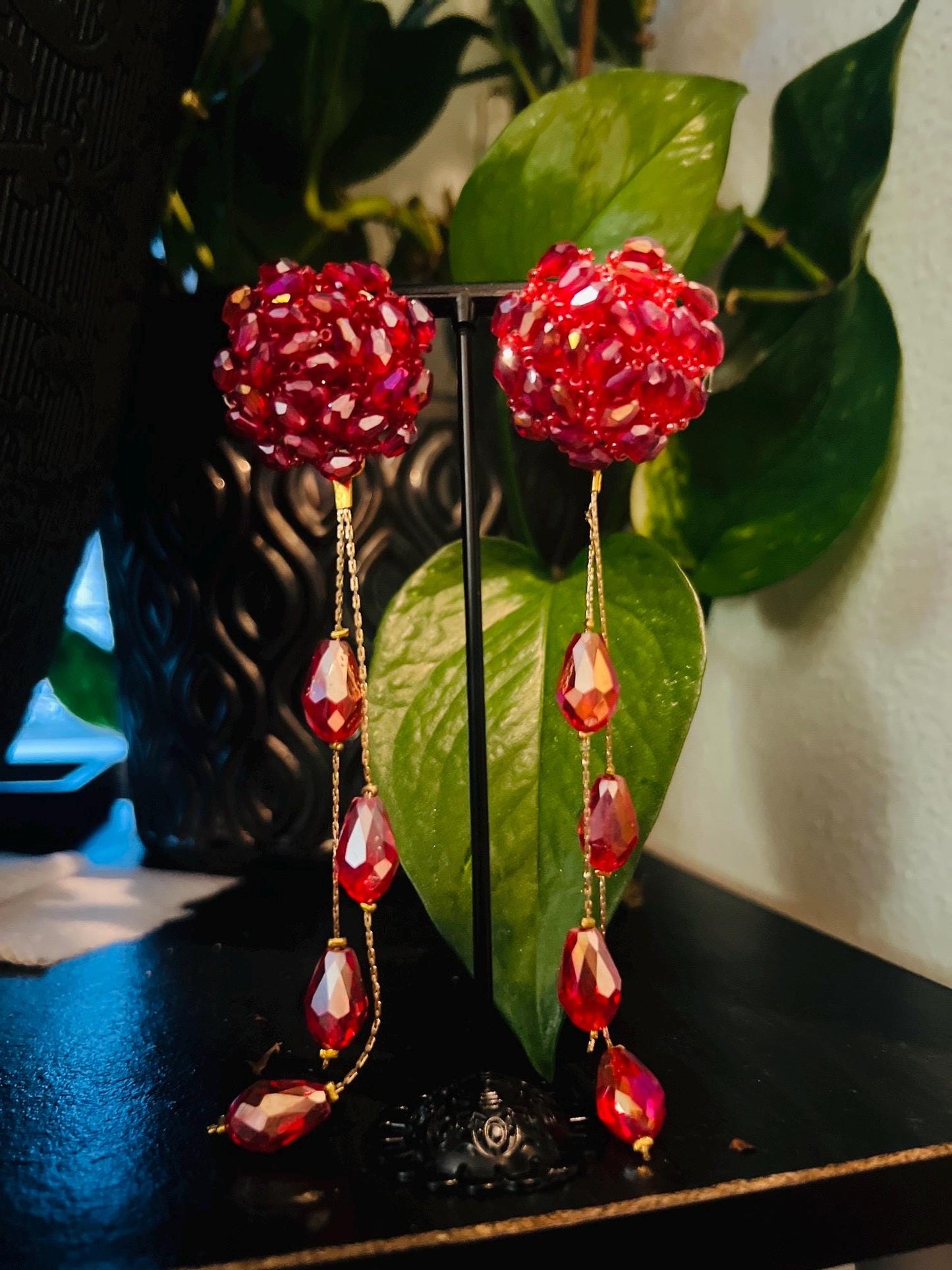 Handmade Red Crystal Drop Earrings – Long Dangle Elegant Jewelry