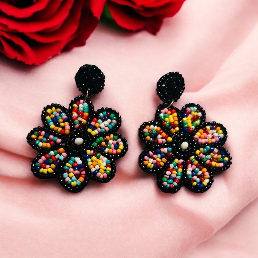 Handmade Beaded Flower Earrings β Black & Multicolor statement jewelry