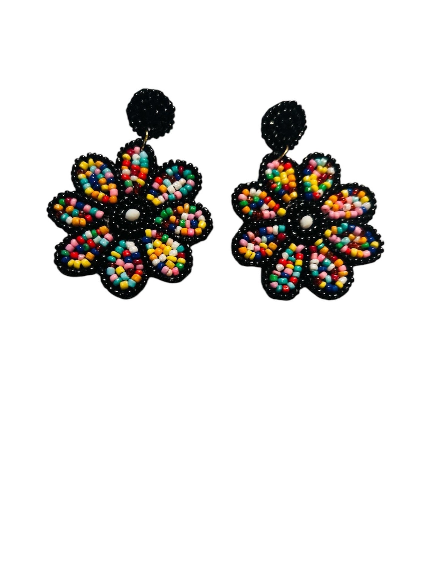 Handmade Beaded Flower Earrings β Black & Multicolor statement jewelry