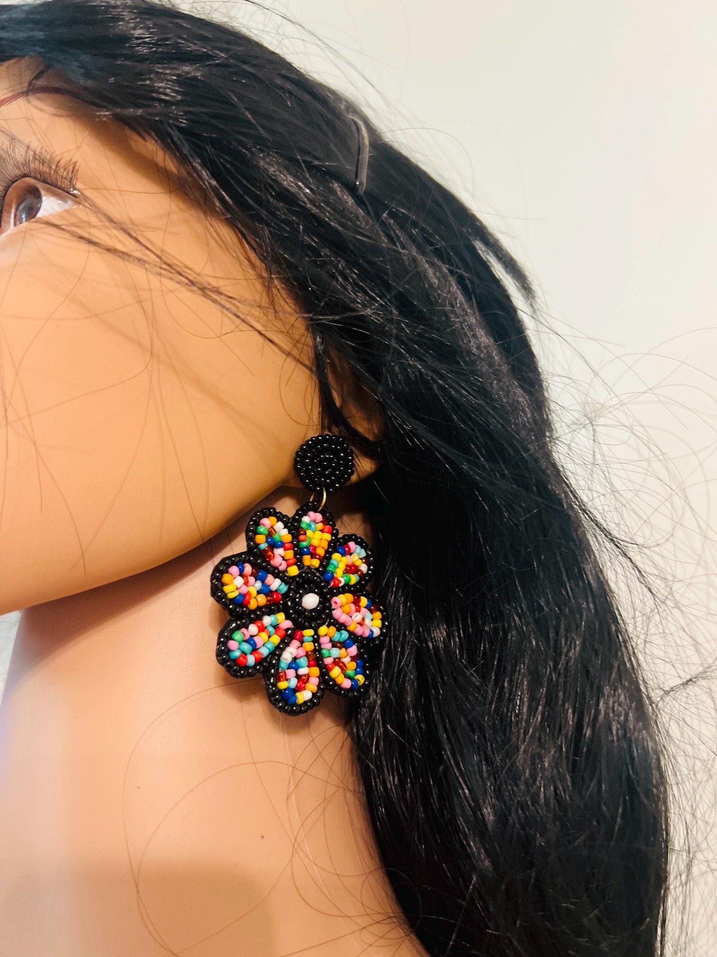 Handmade Beaded Flower Earrings β Black & Multicolor statement jewelry