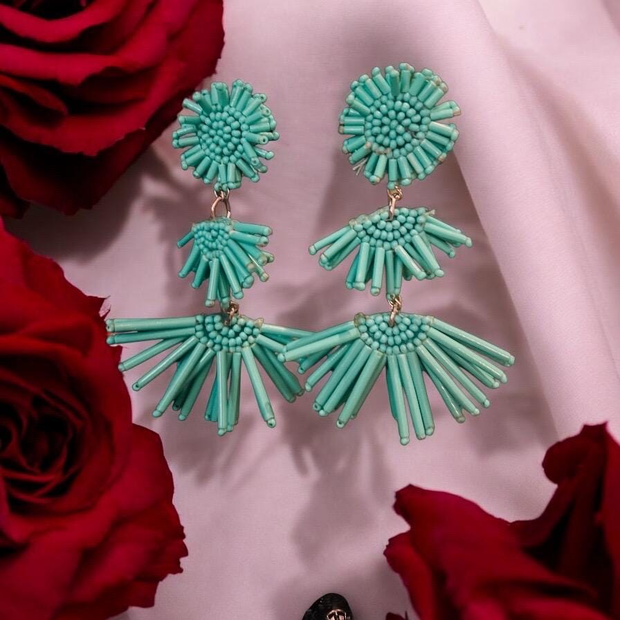 Handmade Turquoise Beaded Statement Earrings