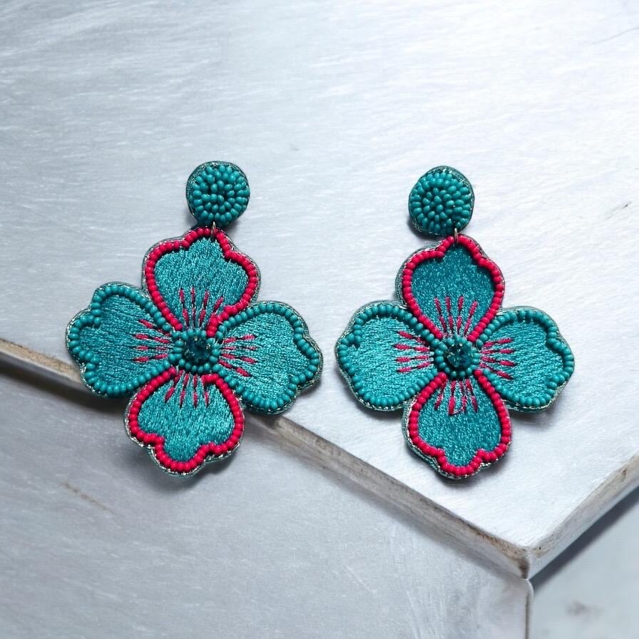 Handmade Blue Pink Floral Beaded Earrings β Boho Chic Statement Jewelry