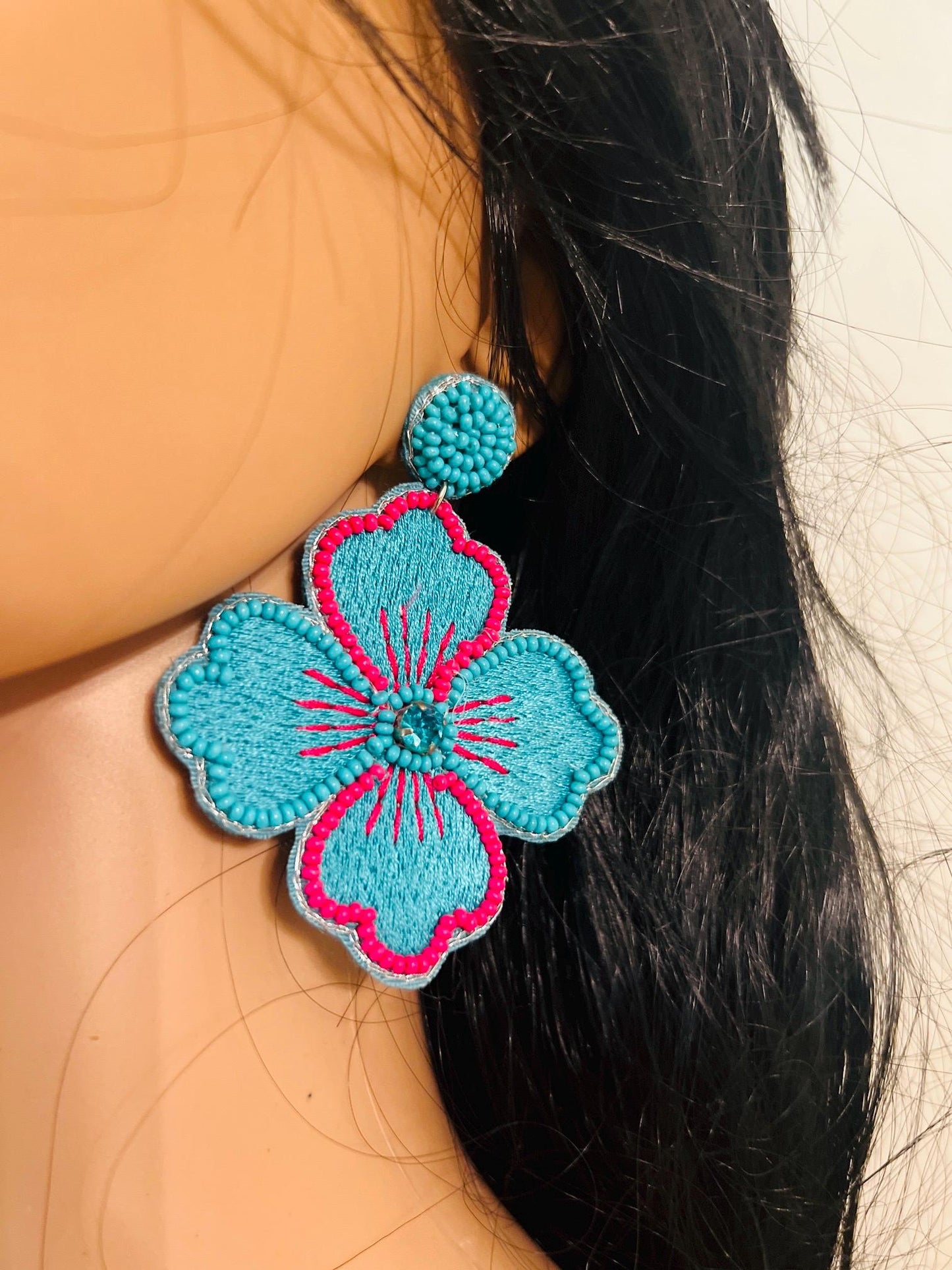 Handmade Blue Pink Floral Beaded Earrings β Boho Chic Statement Jewelry