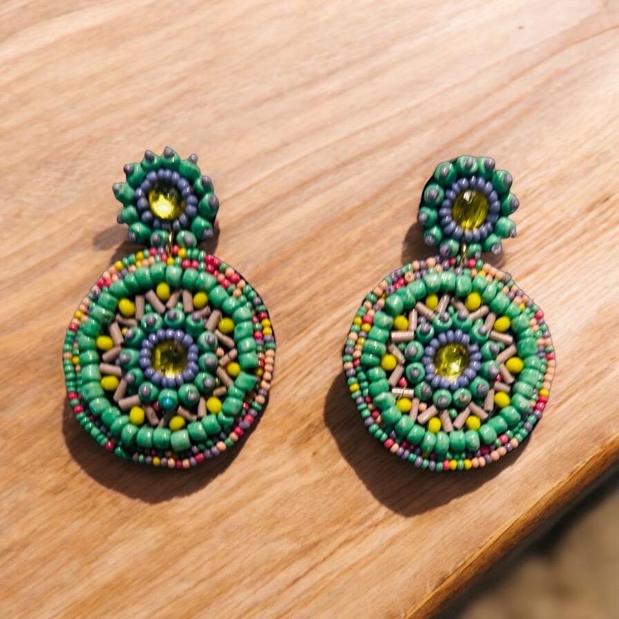 Green & Multicolor Beaded Earrings – Boho Statement Jewelry