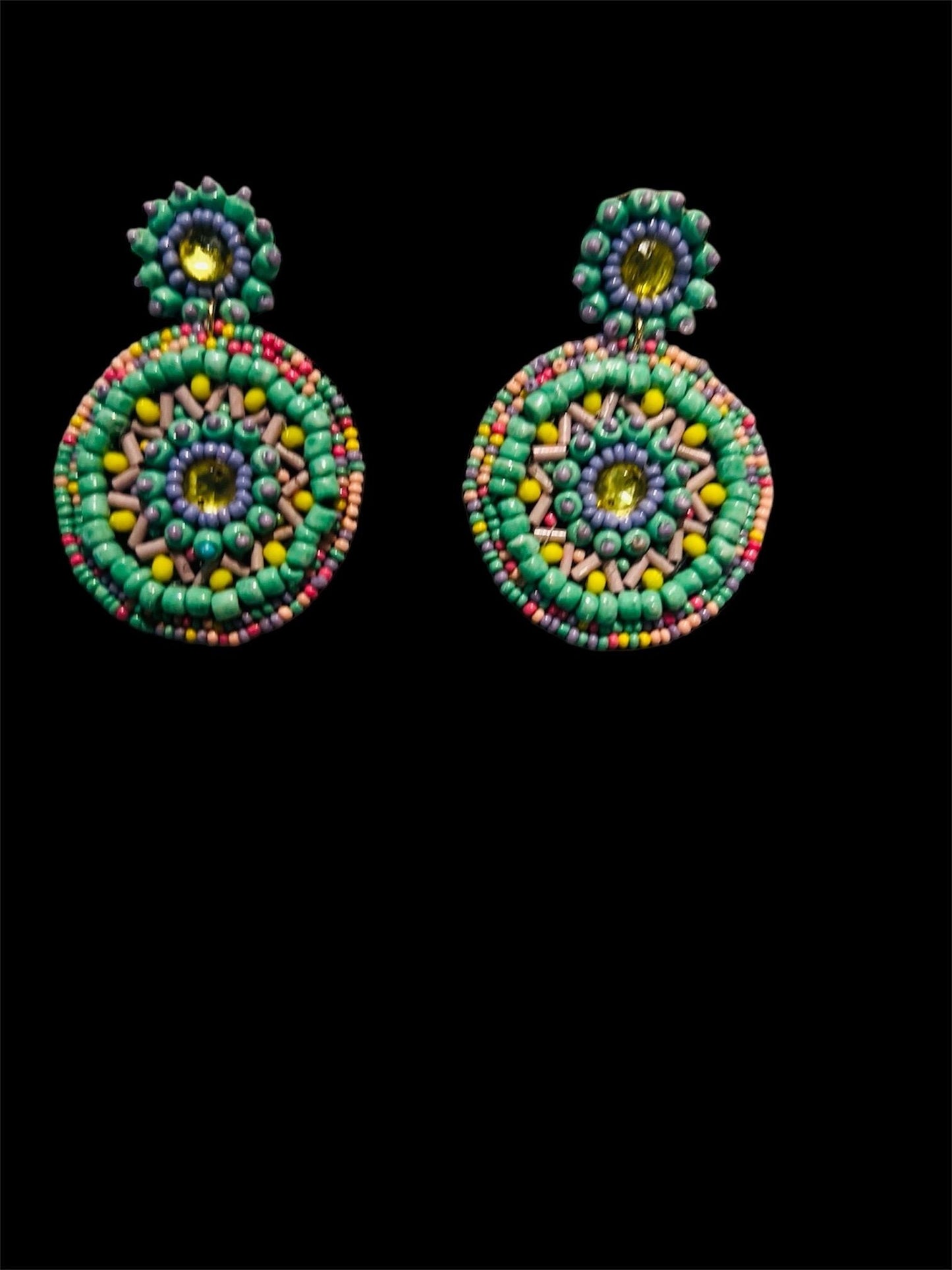 Green & Multicolor Beaded Earrings – Boho Statement Jewelry