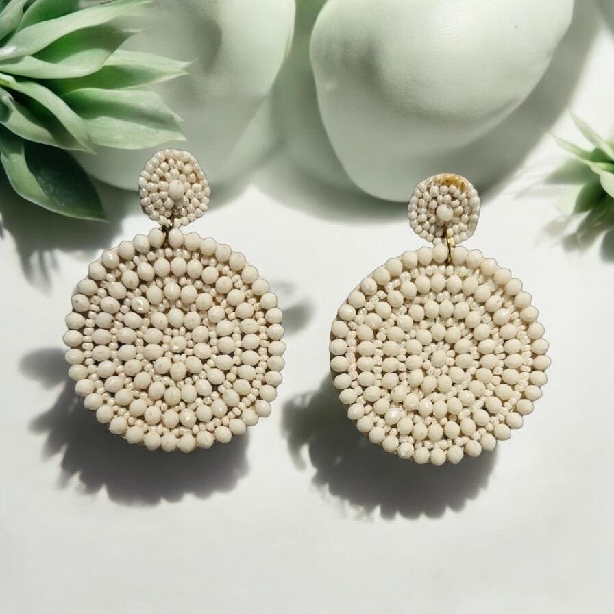 Handmade White Round Beaded Statement Earrings