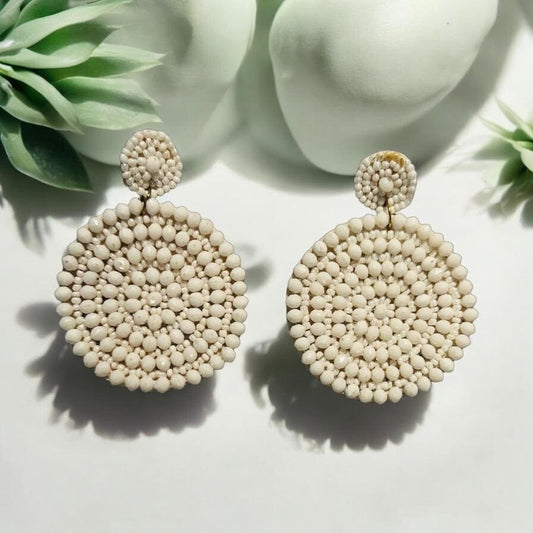 Handmade White Round Beaded Statement Earrings