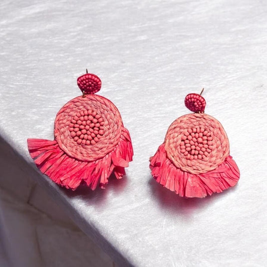 Handmade Pink Boho Raffia Earrings