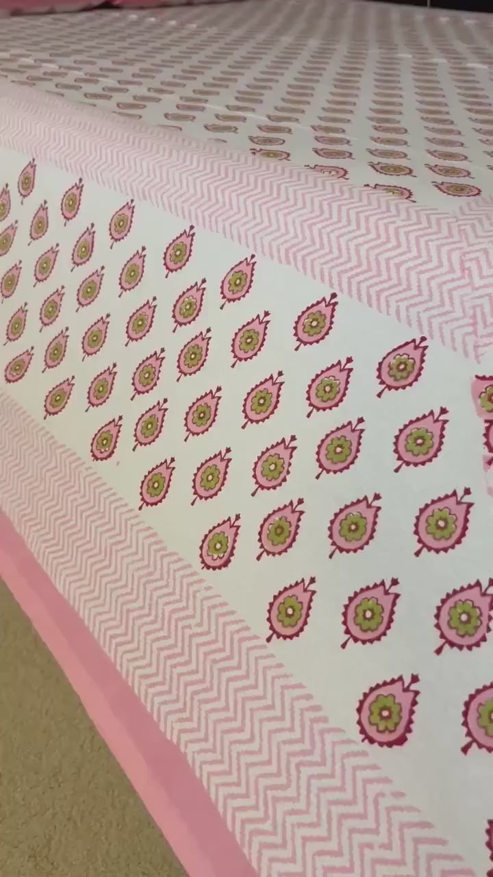 3 Piece Handmade Block Print Flat Bedsheet with 2 Pillows, 100% Cotton Washable 90x108 Inches, Floral Design Queen Set, Perfect Gift