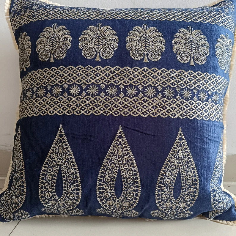 Luxurious Handmade Zari Gold Embroidered pillow, Beautiful Floral Decorative Pillow