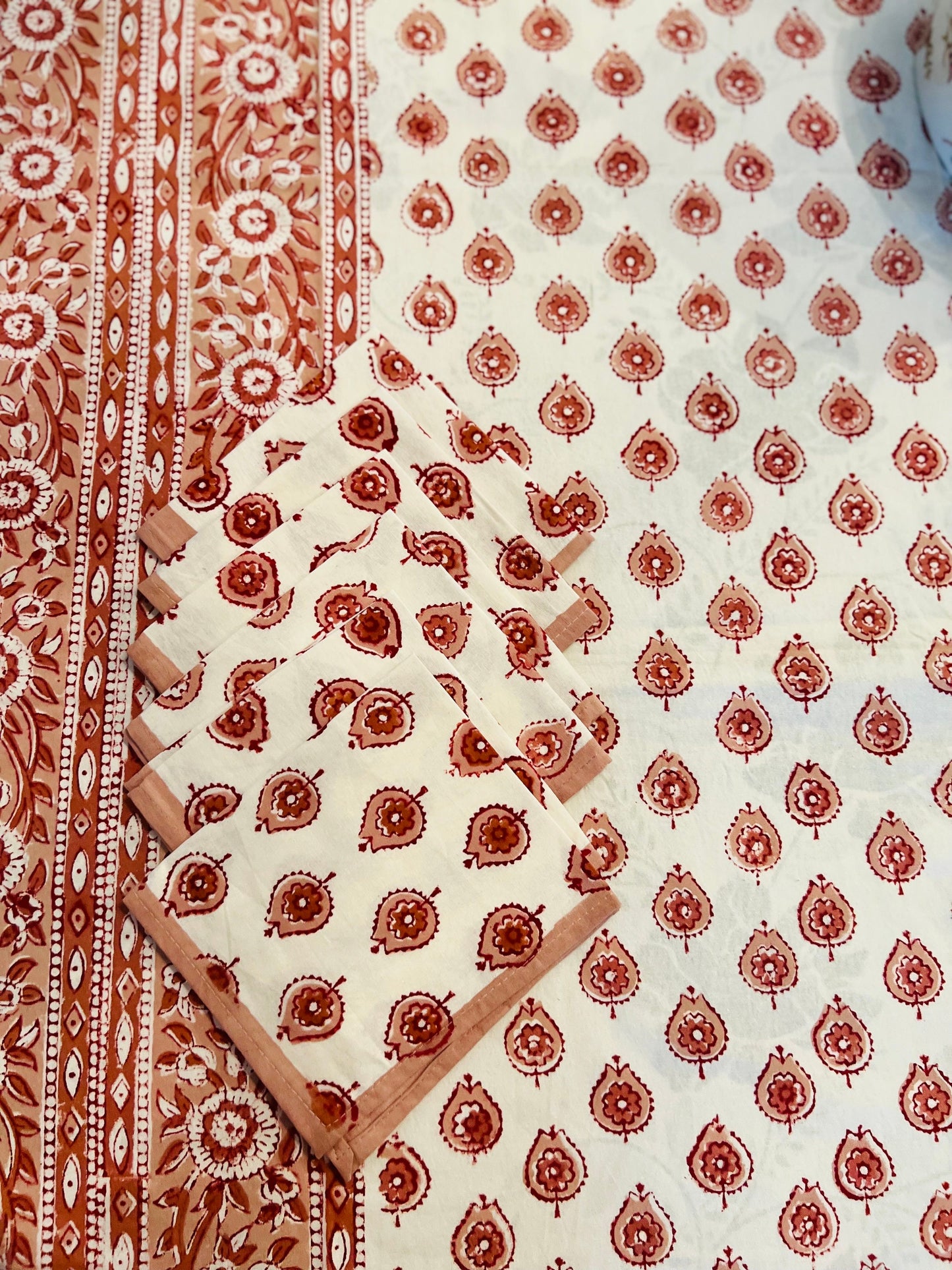 Floral Hand Block Print Cotton Tablecloth Set – Peach & White