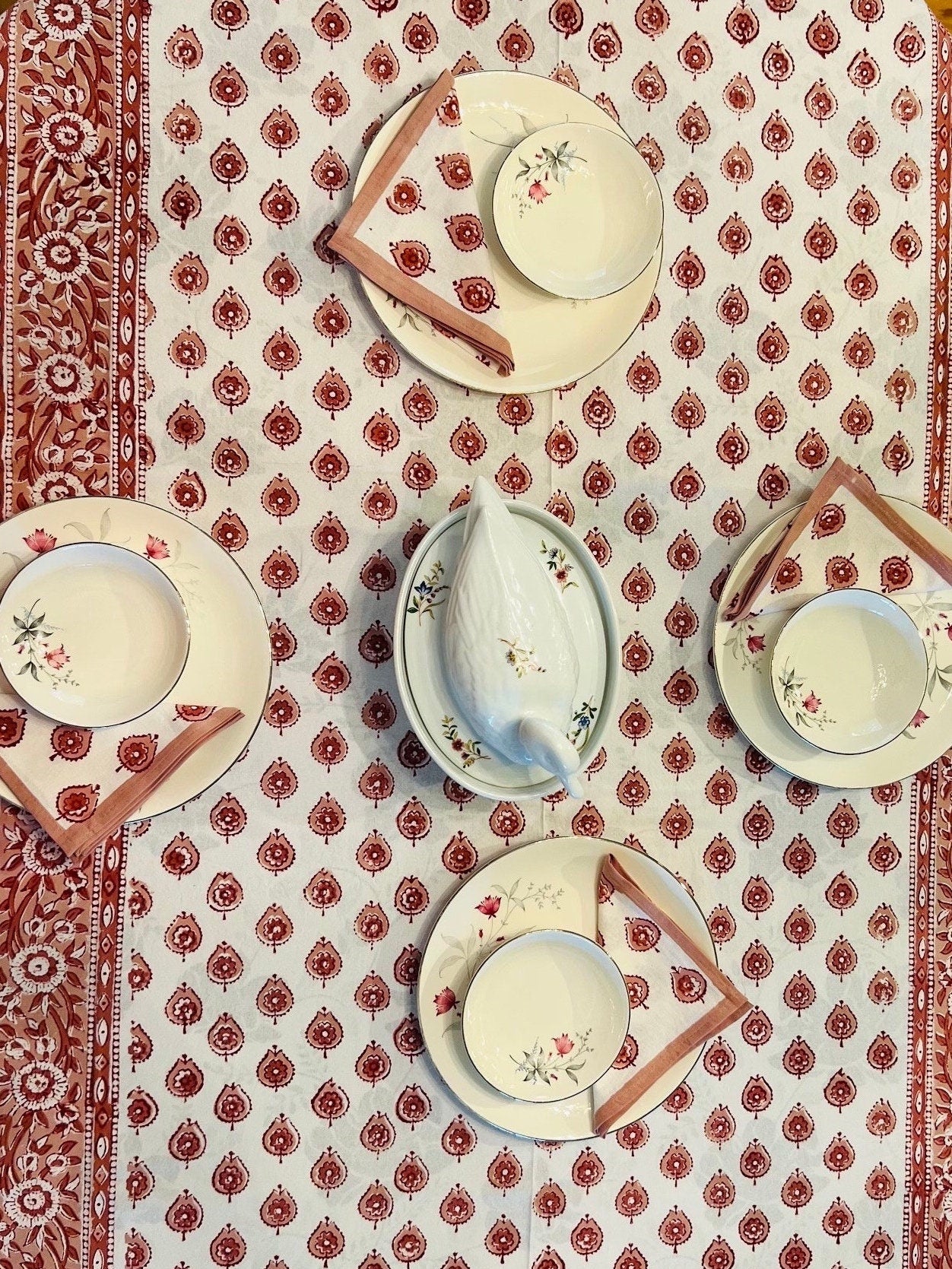 Floral Hand Block Print Cotton Tablecloth Set – Peach & White