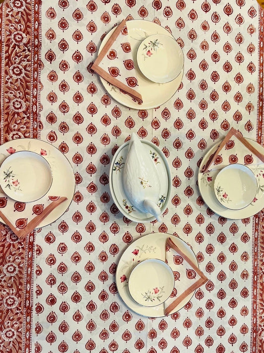 Floral Hand Block Print Cotton Tablecloth Set – Peach & White