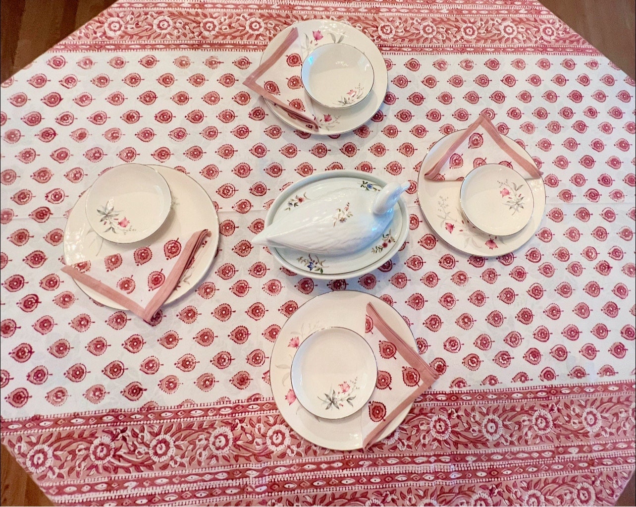 Floral Hand Block Print Cotton Tablecloth Set – Peach & White