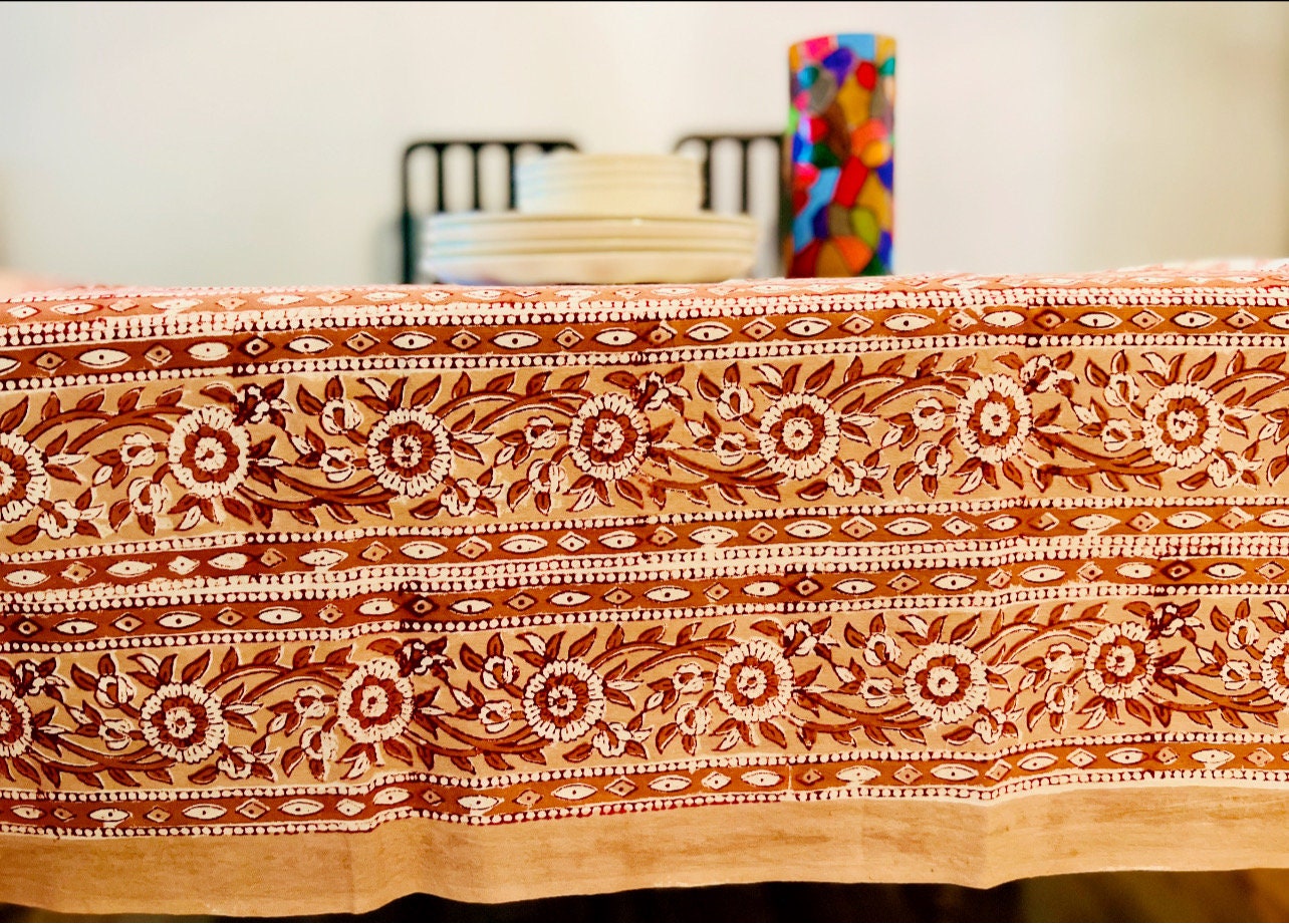 Floral Hand Block Print Cotton Tablecloth Set – Peach & White