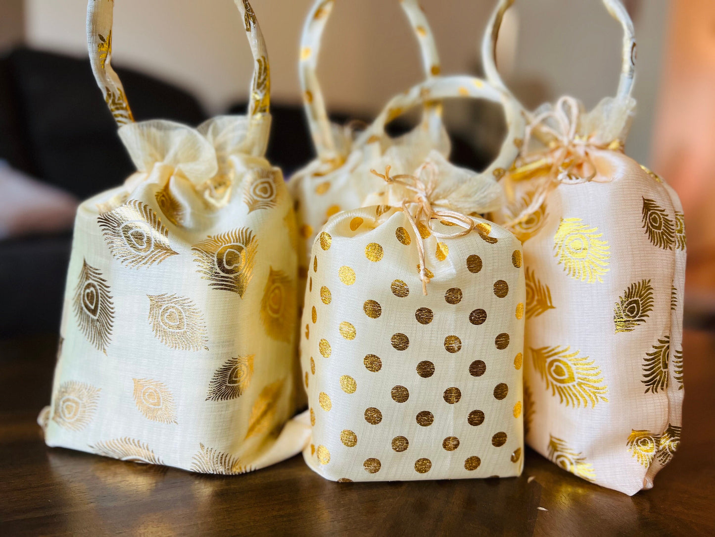 Silk Potli Bags with Peacock Feather & Polka Dot Design – Wedding & Jewelry Pouches