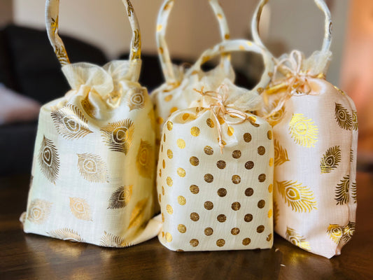 Silk Potli Bags with Peacock Feather & Polka Dot Design – Wedding & Jewelry Pouches